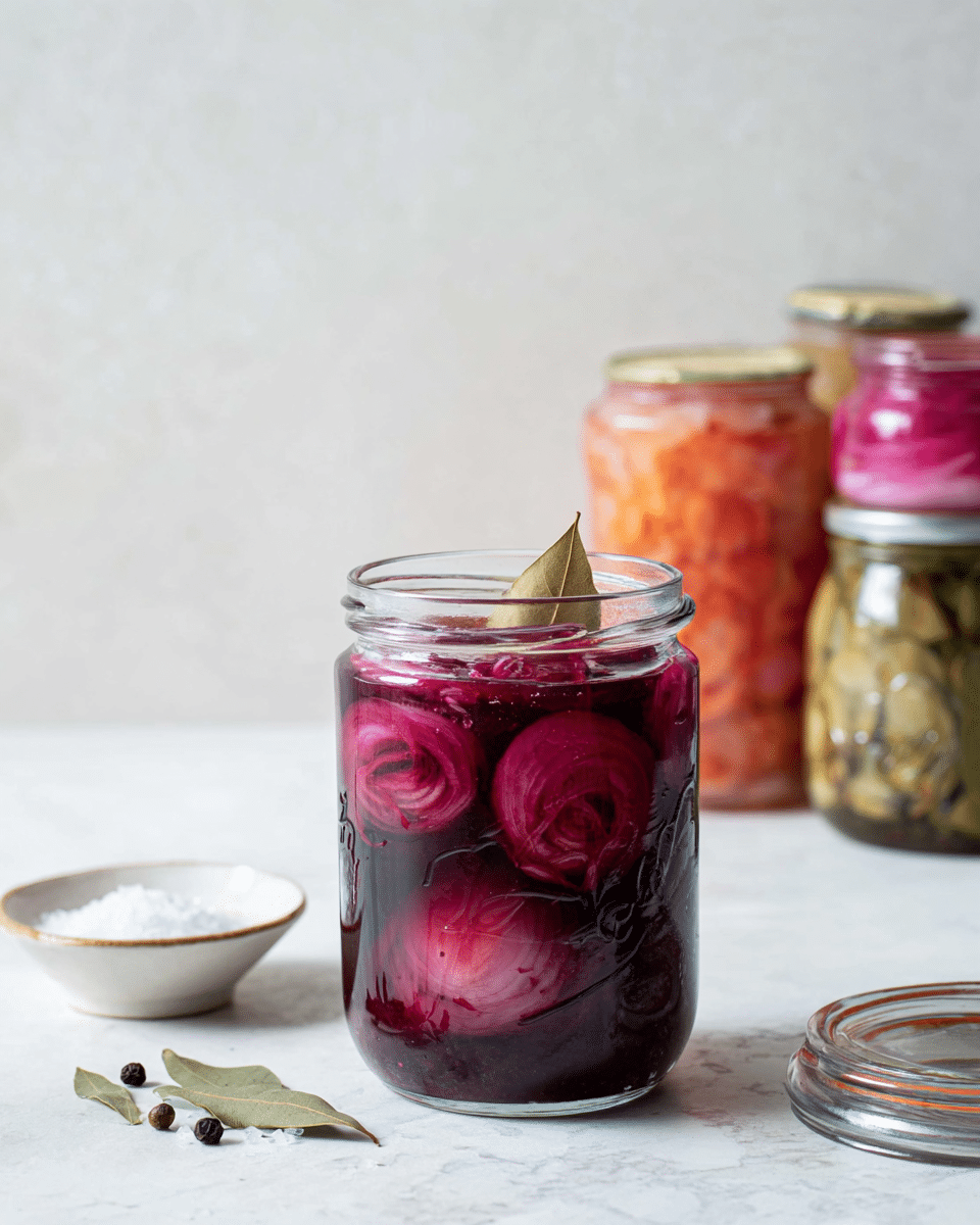A clear glass jar filled with dark red pickled onions topped with a light brown bay leaf, placed on a white marbled surface; inside the jar, peeled, round onion layers and slices are visible through the deep red brine, with some red onion skins adding texture. In the background, four glass jars filled with different pickled vegetables in shades of pink, orange, green, and light brown are softly blurred. In the foreground, there is a small white bowl of coarse salt, scattered with black peppercorns and a few bay leaves nearby. The jar lid is off and placed on the surface to the right. Photo taken with an iphone --ar 4:5 --v 7