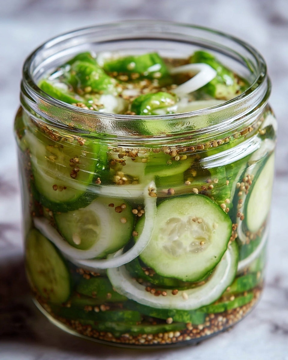 The image shows a close-up of three glass jars filled with pickles, each jar layered with bright green cucumber slices, light green chopped scallions, brown bay leaves, yellow mustard seeds, green peppercorns, and fresh green dill sprigs, all submerged in a clear brine liquid. The jars’ lids with metal clasps are visible, and the jars are set against a white marbled surface that contrasts softly with the vibrant colors inside. The cucumbers have a firm, glossy texture, while the herbs and spices add a textured, natural look throughout the layers. Photo taken with an iphone --ar 4:5 --v 7