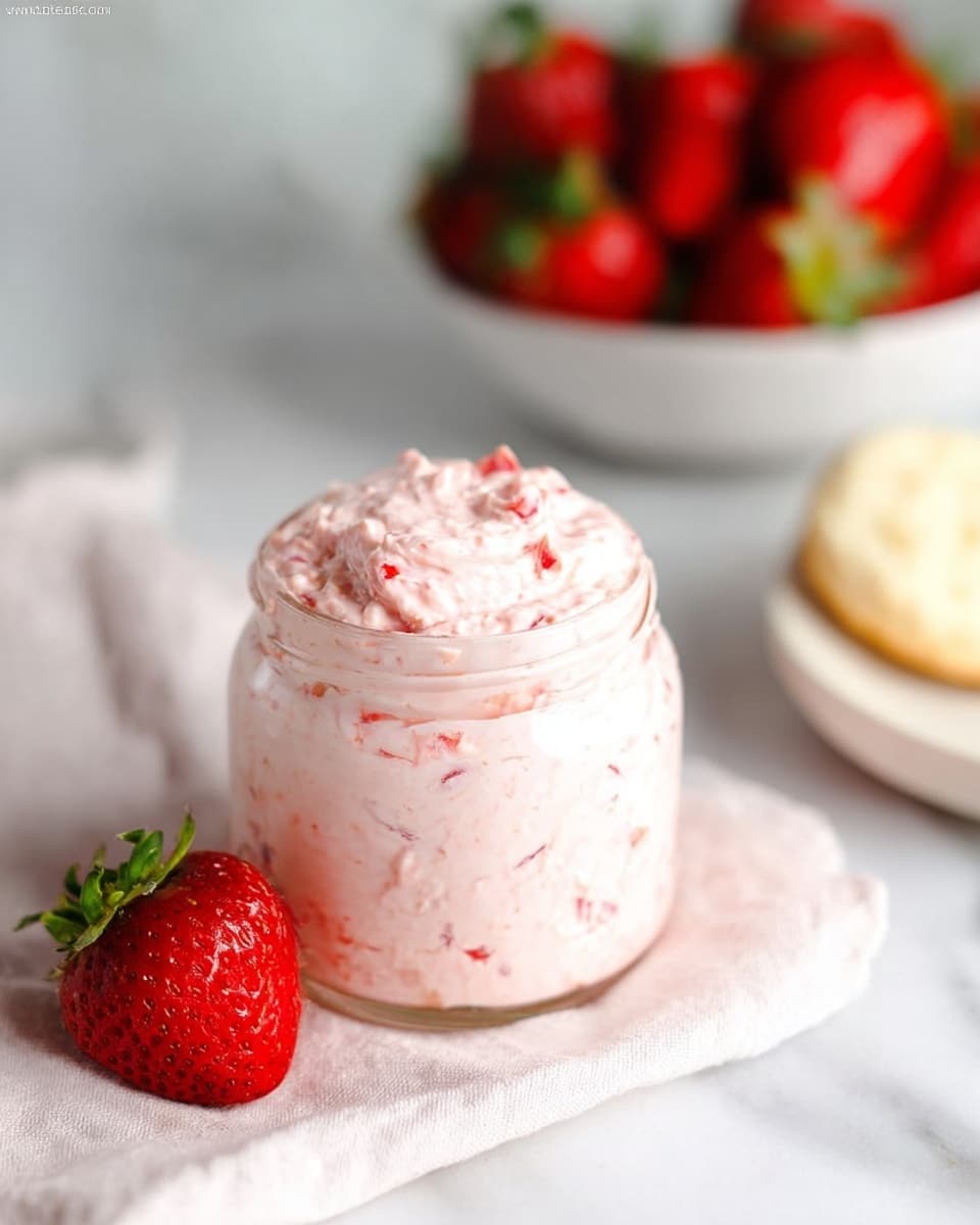 A clear glass jar filled with light pink creamy spread that has small red strawberry pieces mixed throughout, sitting on a soft white cloth. To the left of the jar, there is a single bright red strawberry with green leaves. In the background, slightly blurred, is a white bowl full of fresh, vibrant red strawberries with green tops and a white plate with a pale biscuit on the right side. All items are placed on a white marbled surface. Photo taken with an iphone --ar 4:5 --v 7