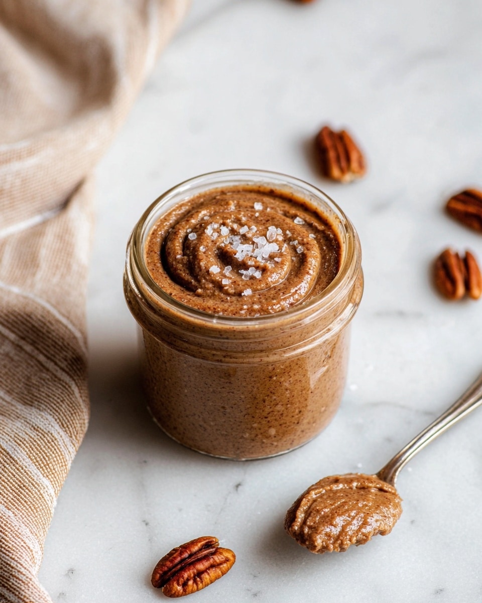 A small clear glass jar filled with smooth, brown pecan butter swirled on top, with some flaky salt sprinkled over the surface. The jar sits on a white marbled surface with a beige cloth with brown stripes to the left side. Scattered around the jar are whole pecans, and to the right is a silver spoon with a dollop of the pecan butter on it. The lighting highlights the creamy texture of the spread and rough texture of the pecan nuts. photo taken with an iphone --ar 4:5 --v 7