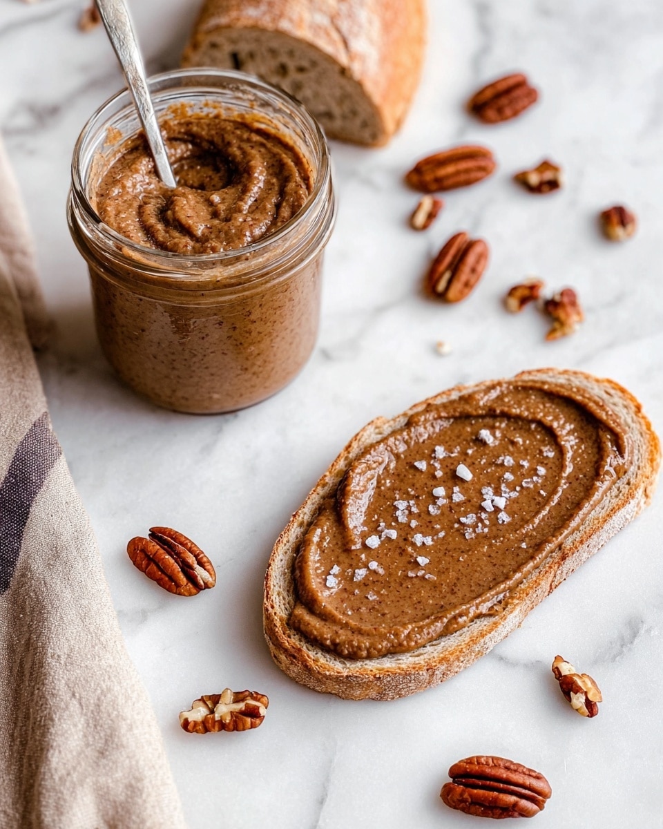The image shows a slice of bread spread with a thick layer of brown pecan butter, which has a slightly grainy texture and is sprinkled with small white salt flakes. The bread is crusty with a light brown edge and a soft, porous inside. Next to the bread, there is a clear glass jar filled with more pecan butter, with a spoon sticking out of it, showing the same brown, smooth but textured spread. Around the bread and jar, whole and broken pecans are scattered on a white marbled surface. A beige cloth with a thin dark stripe is partially visible on the left side. photo taken with an iphone --ar 4:5 --v 7