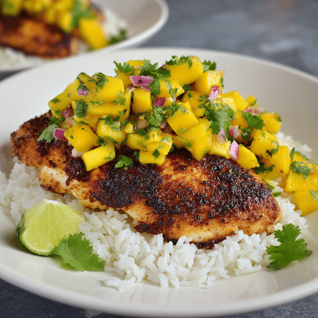 Jerk Chicken with Mango Salsa and Coconut Rice Recipe - Recipe Image