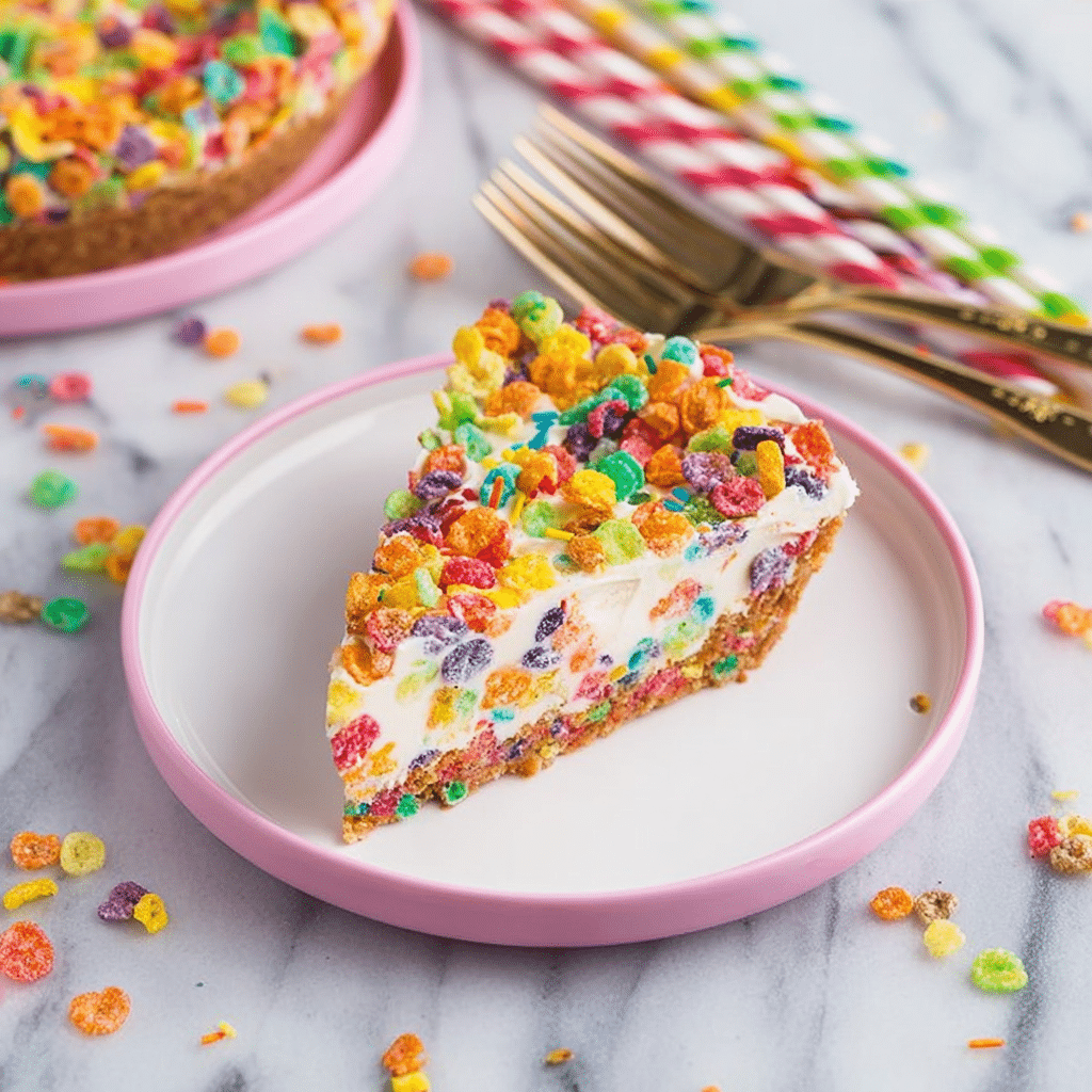 No-Bake Fruity Pebbles Cheesecake Recipe - Recipe Image