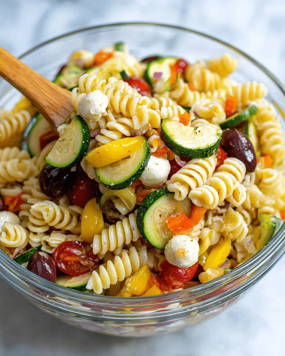 A clear bowl filled with spiral-shaped pasta as the main layer, pale yellow in color with a slightly glossy texture. Mixed within and on top of the pasta are thin, round slices of green zucchini, small bright yellow and red cherry tomato halves, dark purple Kalamata olive pieces, and small white mozzarella balls, adding spots of green, yellow, red, purple, and white to the dish. There are also small pieces of orange carrot and green bell pepper scattered throughout. A wooden spoon lifts some of the pasta and vegetables, showing the colorful mix and the curly shape of the noodles. The bowl sits on a white marbled surface. photo taken with an iphone --ar 4:5 --v 7