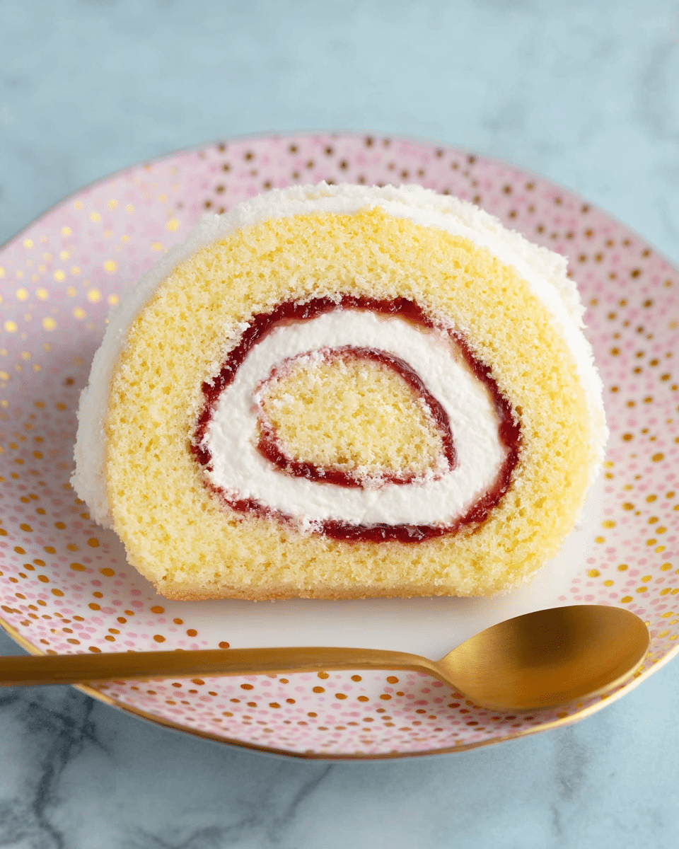 A single slice of a Swiss roll cake sits in the center of a white plate with a light blue background decorated with small pink and white dots. The cake has three visible layers: a light yellow sponge cake on the outside, a thin dark red jam layer inside, and a thick white cream layer spiraling through the middle. The texture of the sponge looks soft and airy, while the cream appears smooth and fluffy. Nearby, there is a gold spoon resting on the white marbled surface. Photo taken with an iphone --ar 4:5 --v 7