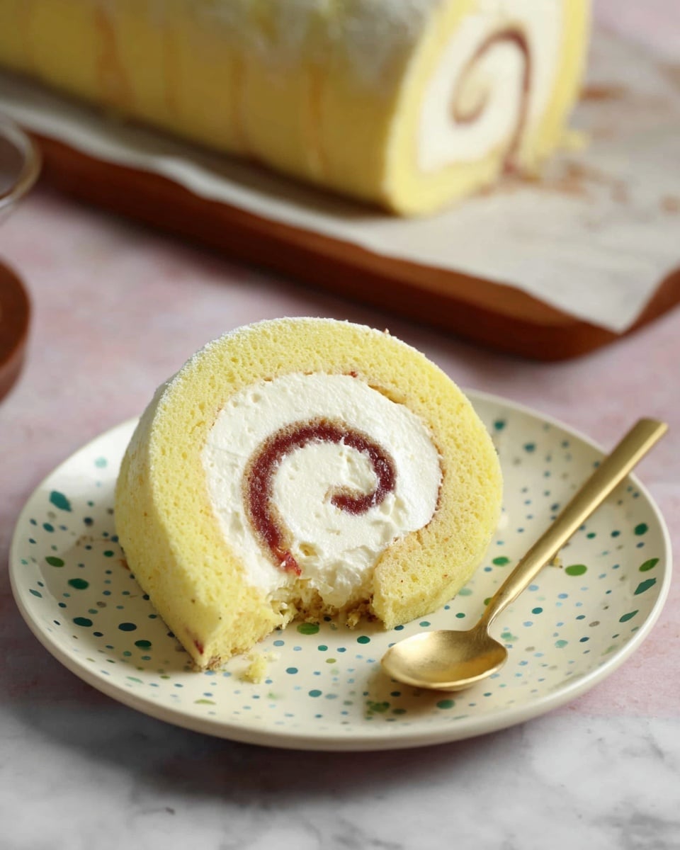 The image shows a slice of rolled cake on a white plate with small green and blue dots. The cake has three visible layers starting with a light yellow soft sponge forming the outer layer, followed by a thin, dark reddish jelly-like layer spiraled just inside it, and finally a thick, white creamy layer at the center. A small piece of the cake is missing from the front right side, showing the creamy texture inside. To the right of the plate is a gold-colored spoon, resting on the white marbled surface. In the background, there is a blurred larger piece of the rolled cake on white parchment paper. Photo taken with an iphone --ar 4:5 --v 7