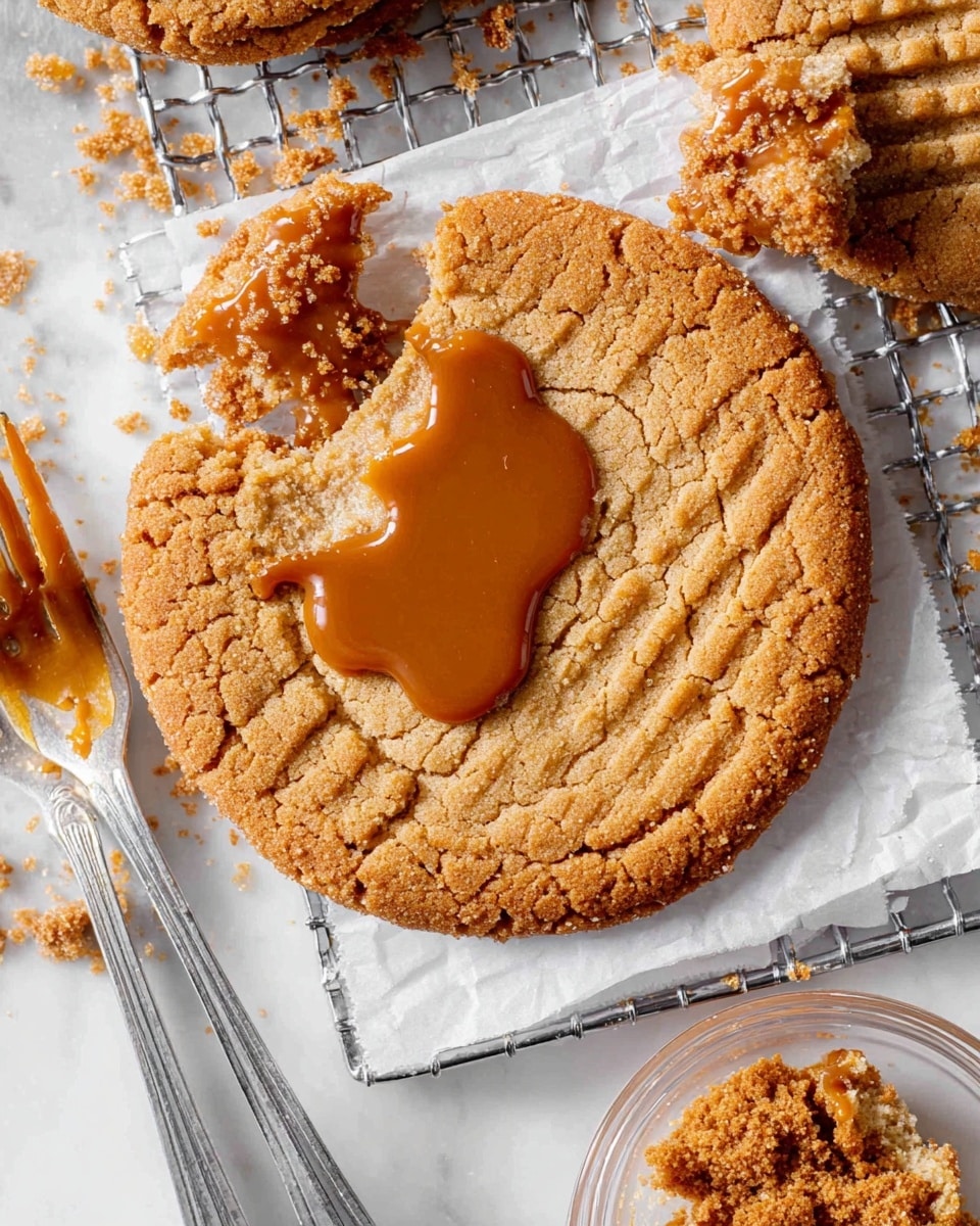 A large round cookie with a golden brown color sits on a metal cooling rack lined with white parchment paper, placed on a white marbled surface. The cookie has a textured surface with concentric ridges and a small puddle of shiny caramel sauce in an irregular shape at its center. Near the top, a broken piece of another cookie with a crumbly texture and some caramel drips rests on the rack. A silver fork with crumbs and caramel near its tines lies on the left side. A small clear glass bowl holding more cookie crumbs is partially visible in the bottom right corner. Photo taken with an iphone --ar 4:5 --v 7