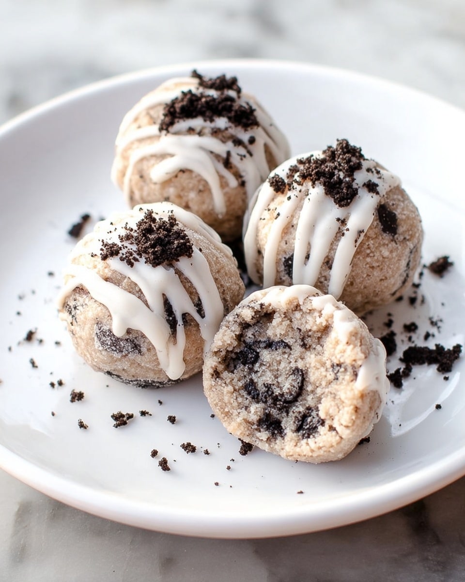 On a white plate, there are four round cookie balls with a crumbly texture, showing a mix of light brown and dark cookie bits inside. One cookie ball is cut in half, revealing a dense interior filled with small dark cookie pieces. Each cookie ball is drizzled with white icing in thin lines, some topped with crushed dark cookie crumbs adding a bit of rough detail. The plate sits on a white marbled surface, and the overall look is soft and inviting. photo taken with an iphone --ar 4:5 --v 7