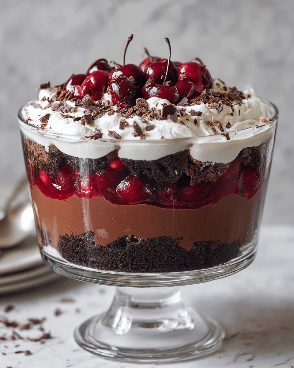 The dessert in a clear glass bowl on a pedestal shows five layers: the bottom and third layers are dark brown, crumbly chocolate cake, the second and fourth layers are smooth, rich chocolate pudding, the middle layer is bright red cherry sauce with a layer of white whipped cream just above it, and the top has a thick layer of white whipped cream with whole shiny dark red cherries and small chocolate shavings sprinkled over the cream, all set against a white marbled surface. Photo taken with an iphone --ar 4:5 --v 7