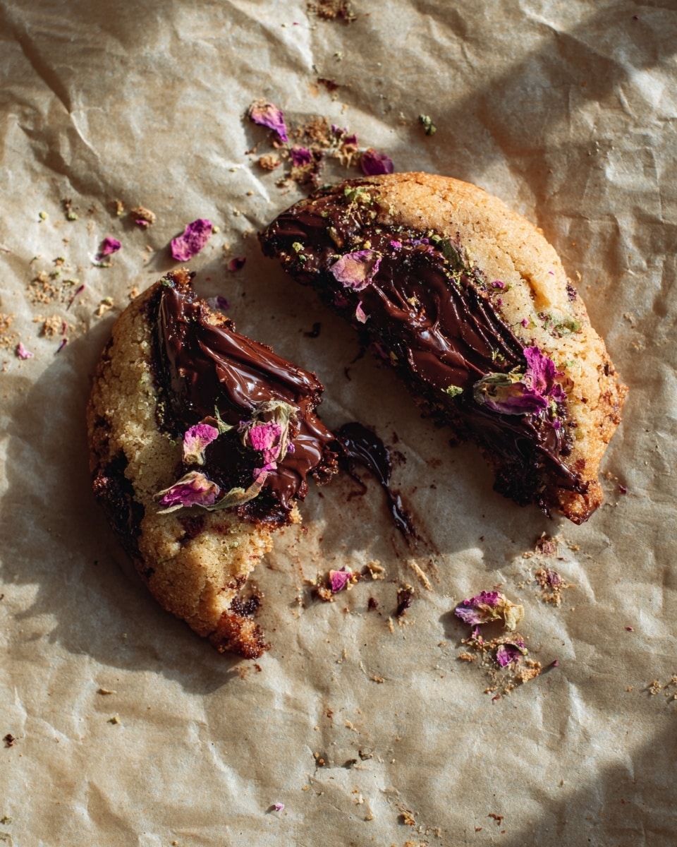 Two pieces of a broken cookie rest on crinkled parchment paper with a beige tone replaced by a white marbled texture. The cookie features a golden brown, slightly crispy edge and a soft, light brown center. Thick, melted dark chocolate is spread generously on top, with some chocolate seeping inside the cookie. Small pink and green dried flower petals are scattered over the chocolate and around the pieces, adding a delicate, colorful touch. The natural sunlight casts gentle shadows, highlighting the cookie’s texture and the glossy chocolate. Photo taken with an iphone --ar 4:5 --v 7