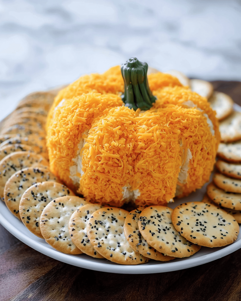 A white plate holds a pumpkin-shaped cheese ball centerpiece that looks like a small orange pumpkin with a green stem on top. The cheese ball is divided into curved segments, each covered with finely shredded orange cheddar cheese over a creamy white cheese base. Around the pumpkin cheese ball, there are round crackers with a mixture of black and white sesame seeds showing a crispy texture. The plate is set on a white marbled textured surface. photo taken with an iphone --ar 4:5 --v 7