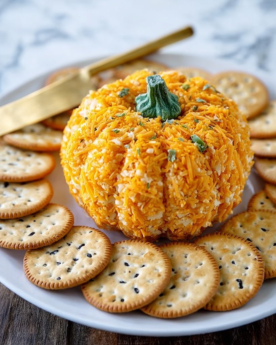 A white plate holds a small cheese ball shaped like a pumpkin with ridges, covered in grated orange cheese and bits of lighter cheese, topped with a green pepper stem. Around the cheese pumpkin, round crackers with black seeds are placed evenly on the plate's edge. A gold-colored spreader knife is resting on the side of the plate. The background features a white marbled texture. Photo taken with an iphone --ar 4:5 --v 7