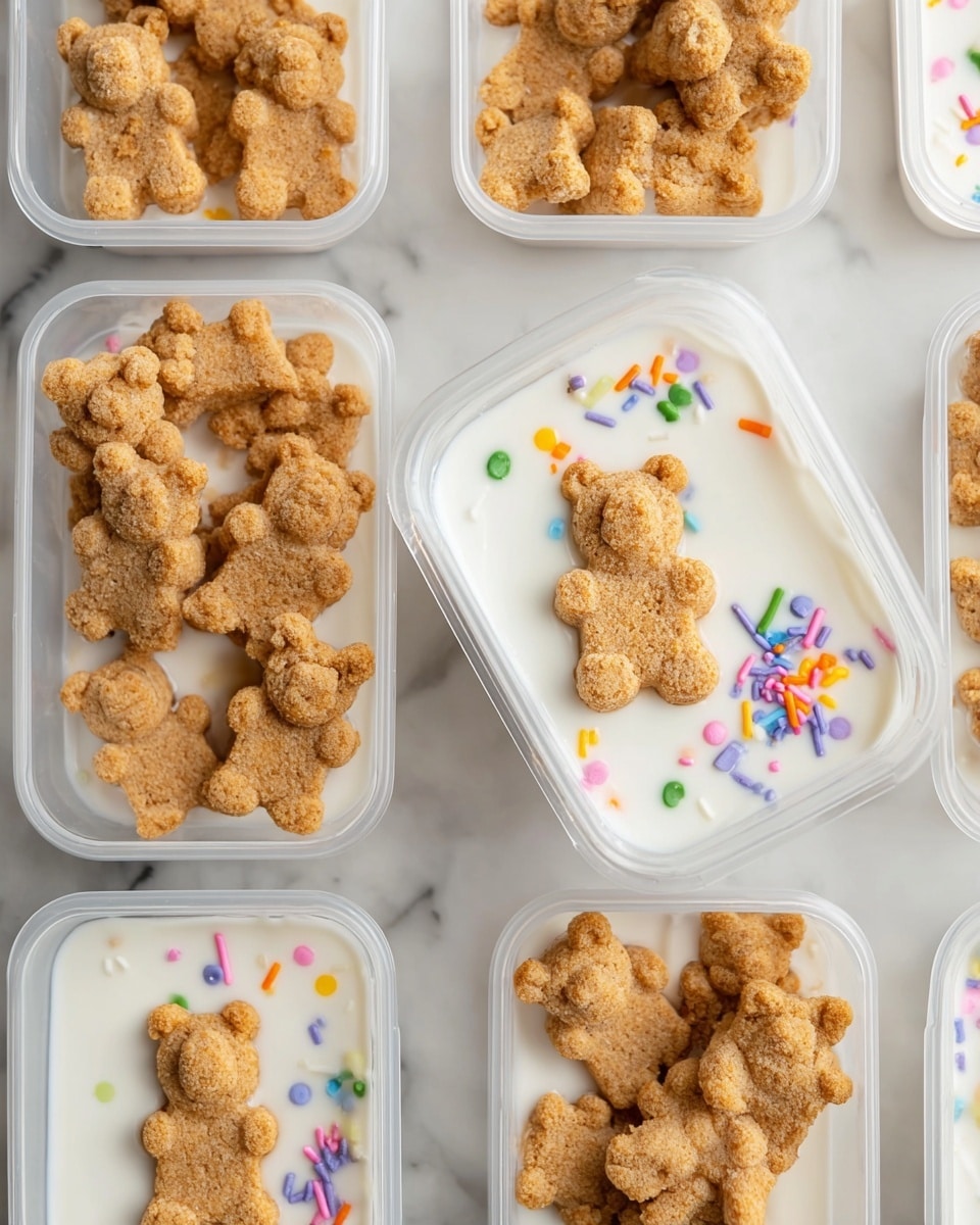 A white plate is filled with many small, brown teddy bear-shaped cookies surrounding a white bowl in the center. Inside the bowl is a creamy white dip topped with colorful round and rod-shaped sprinkles in colors like purple, blue, green, orange, and pink. In the background, there is a blurred white plate with more teddy bear cookies and a glass bottle with white milk. The whole scene is set on a white marbled surface. photo taken with an iphone --ar 4:5 --v 7