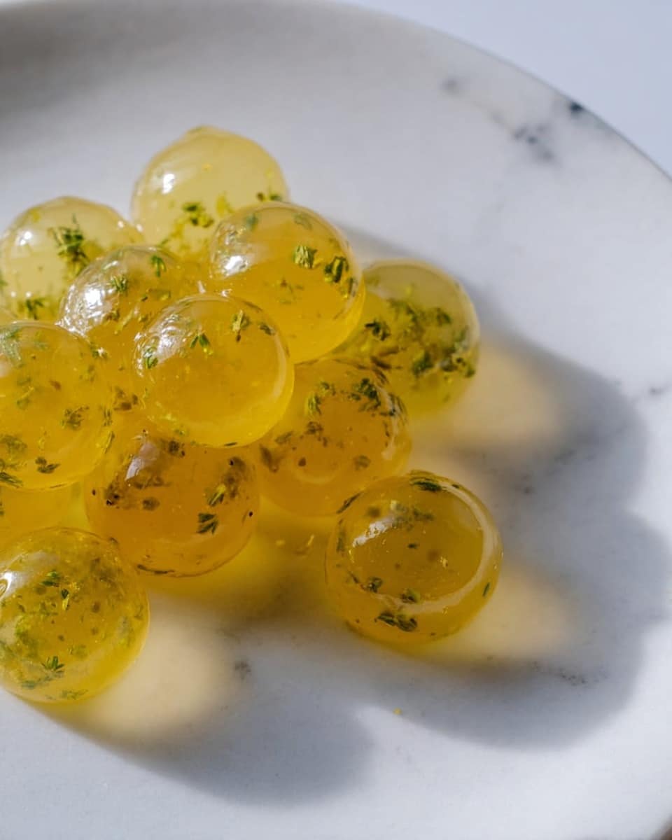 The image shows small, yellowish translucent jelly cubes with green herb bits inside, placed on a plain white plate. The jelly has a smooth, shiny surface and is formed into round, bubble-like shapes clustered together, resembling small grape bunches. The plate rests on a clean white marbled background, giving a fresh and light feel to the setup. photo taken with an iphone --ar 4:5 --v 7