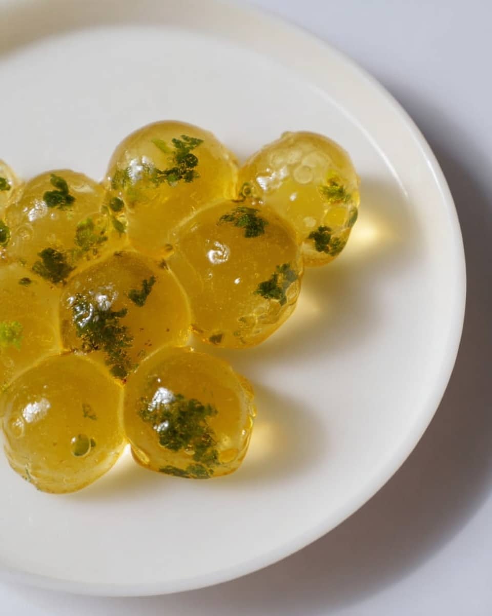 The image shows translucent yellow jelly shaped like small bubbles clustered together on a white plate. The jelly has tiny green herb flakes evenly spread inside, giving it a speckled look. The plate sits on a white marbled surface, which adds a soft texture around the jelly. The jelly pieces appear smooth and shiny, with varying sizes of bubble shapes stacked closely. Photo taken with an iphone --ar 4:5 --v 7