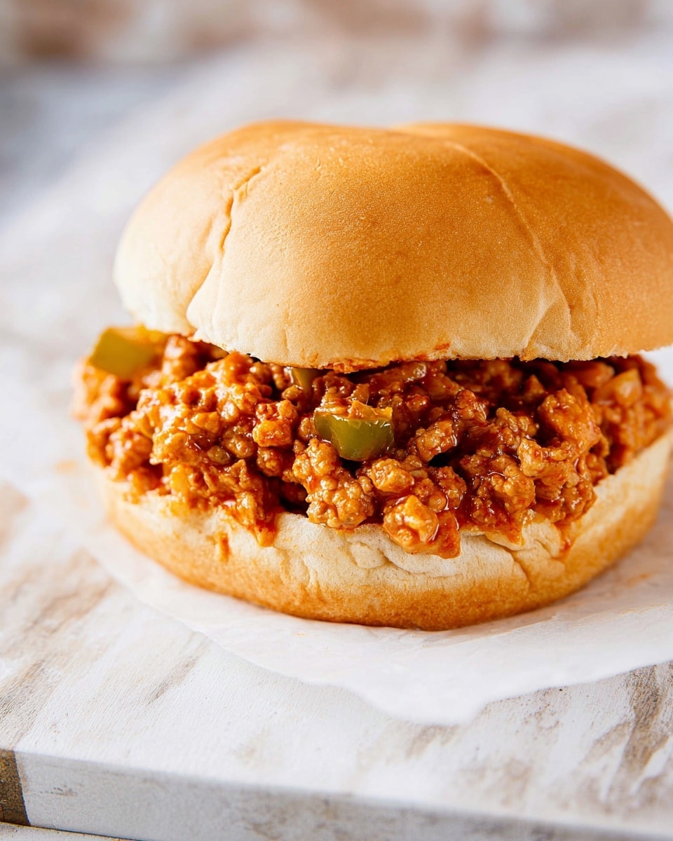 The image shows a sandwich with a soft, light golden brown bun that has a slightly cracked top layer. Inside, there is a thick filling made of cooked ground meat mixed with small pieces of green bell pepper and diced onions, all coated in a reddish-orange sauce giving it a moist and chunky texture. The sandwich rests on white parchment paper placed on a surface with a white marbled texture. The photo taken with an iphone --ar 4:5 --v 7
