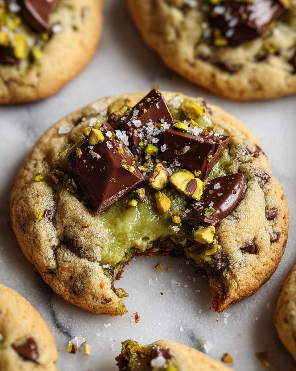 A close-up of a soft cookie with a light brown, slightly crispy outer layer showing small chocolate chips embedded throughout. The cookie is broken open, revealing a thick, gooey green pistachio cream filling inside. On top of the cookie are large chunks of glossy dark chocolate and small pieces of chopped pistachios, sprinkled with coarse sea salt. The background is a white marbled texture with more cookies visible but out of focus photo taken with an iphone --ar 4:5 --v 7