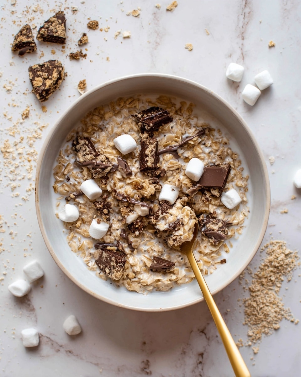 A white bowl filled with a mix of light beige oats soaked in milk, topped with small white mini marshmallows and dark brown chocolate cookie pieces that reveal a light tan inside. A gold spoon rests inside the bowl, holding a piece of the chocolate cookie and some oats. The bowl is placed on a white marbled surface with scattered crumbs and cookie pieces around it. photo taken with an iphone --ar 4:5 --v 7
