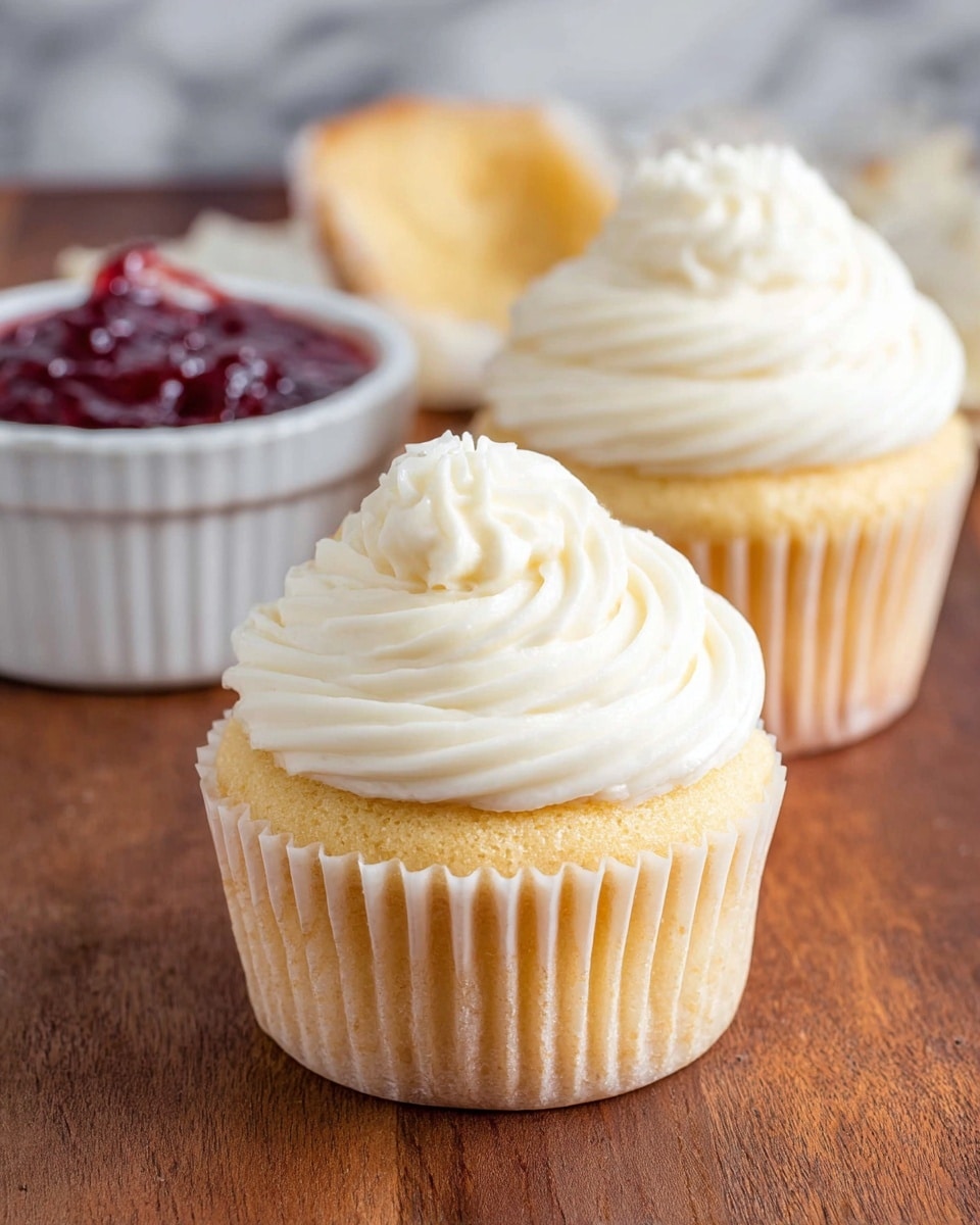 The image shows two yellow cupcakes, each with a single thick layer of white creamy frosting swirled neatly on top, forming a peak in the center. The cupcakes are placed on a wooden surface with a white ramekin filled with red jam blurred in the background. The cupcake liners are white and have a slightly ridged texture. The overall scene includes a white marbled texture visible in some background areas. Photo taken with an iphone --ar 4:5 --v 7