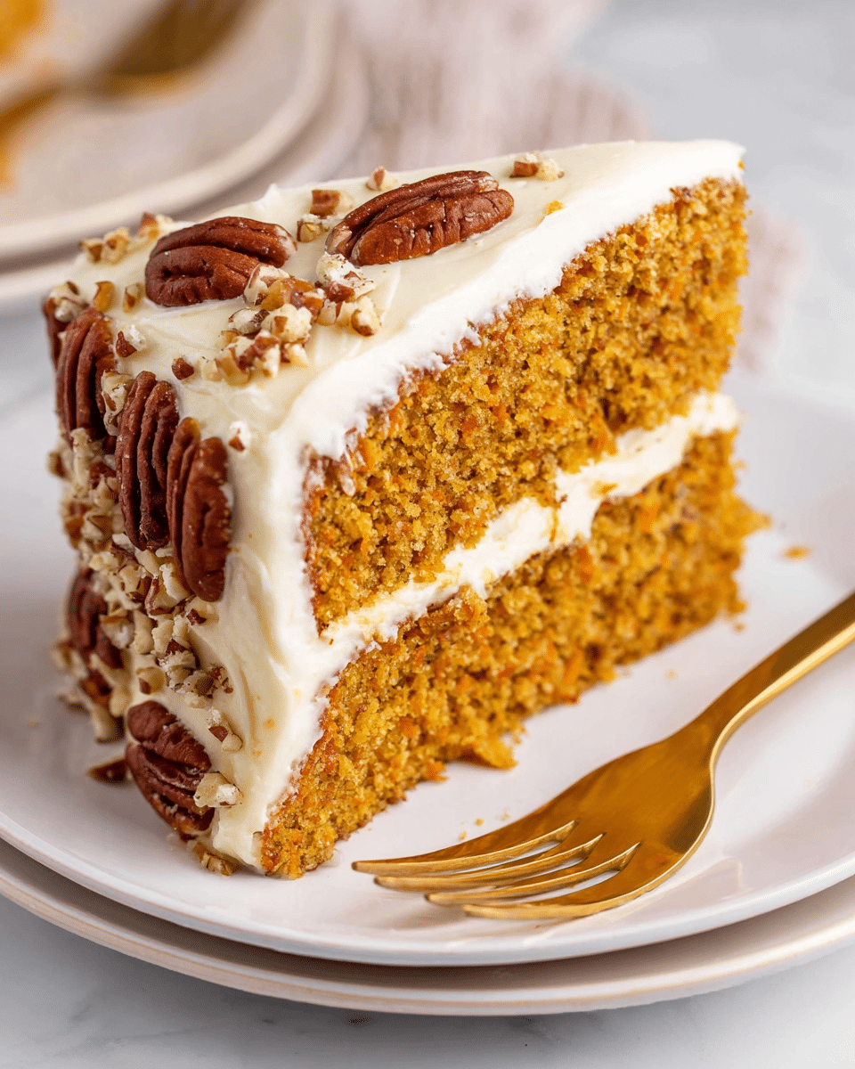 A slice of two-layer golden-brown carrot cake on a white plate with creamy white frosting between the layers and covering the top. The top layer is decorated with whole pecans lined along the edge and small chopped nuts sprinkled in the middle. The cake texture looks soft and moist, with a crumbly surface. The plate sits on a white marbled surface with a blurred golden fork in the background. photo taken with an iphone --ar 4:5 --v 7