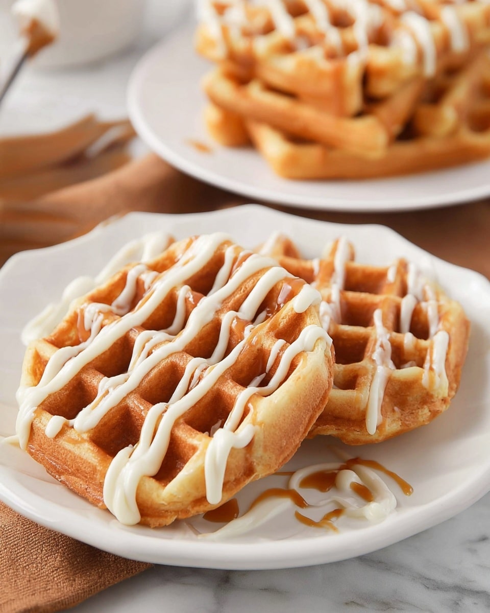 The image shows two thick golden-brown waffle quarters placed on a white plate with a slightly scalloped edge, all resting on a white marbled surface. The waffles have a crisp texture with square pockets. They are drizzled with two kinds of smooth sauces: one is creamy white and the other is a light caramel brown, applied in a zigzag pattern over the waffles. In the background, there is a white plate stacked with more plain waffles, slightly out of focus, and two piping bags with brown and white sauces blurred behind them. The whole scene has a warm, inviting look with soft lighting that highlights the texture of the waffles. photo taken with an iphone --ar 4:5 --v 7