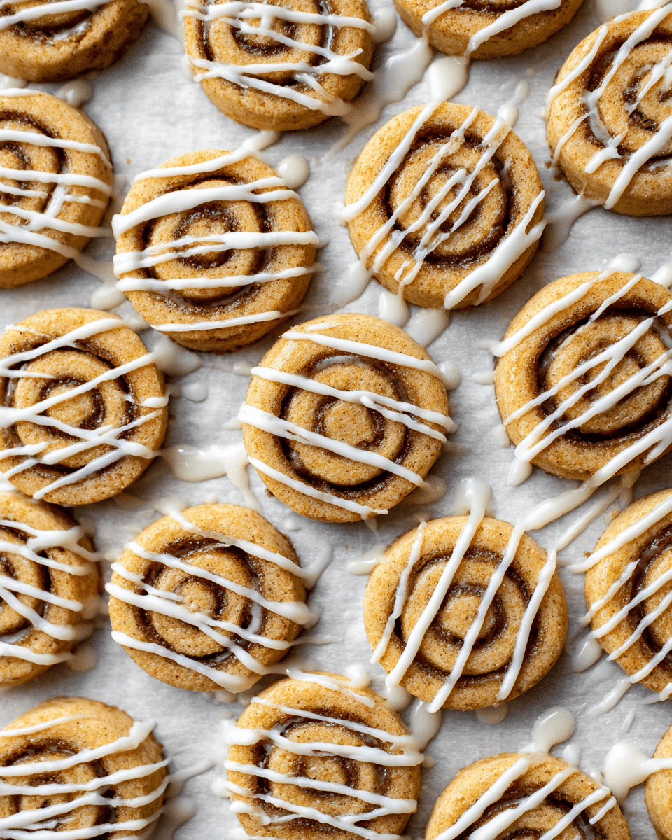 The image shows many round cinnamon roll cookies spread out evenly on a sheet of parchment paper over a white marbled surface. Each cookie has two visible layers: a light tan dough layer and a darker brown cinnamon swirl layer spiraled inside. The top is decorated with thin, uneven white icing drizzled horizontally and diagonally across each cookie, with some icing dripping onto the parchment paper. The texture of the dough looks soft and slightly golden, while the cinnamon swirl appears smooth and rich. photo taken with an iphone --ar 4:5 --v 7