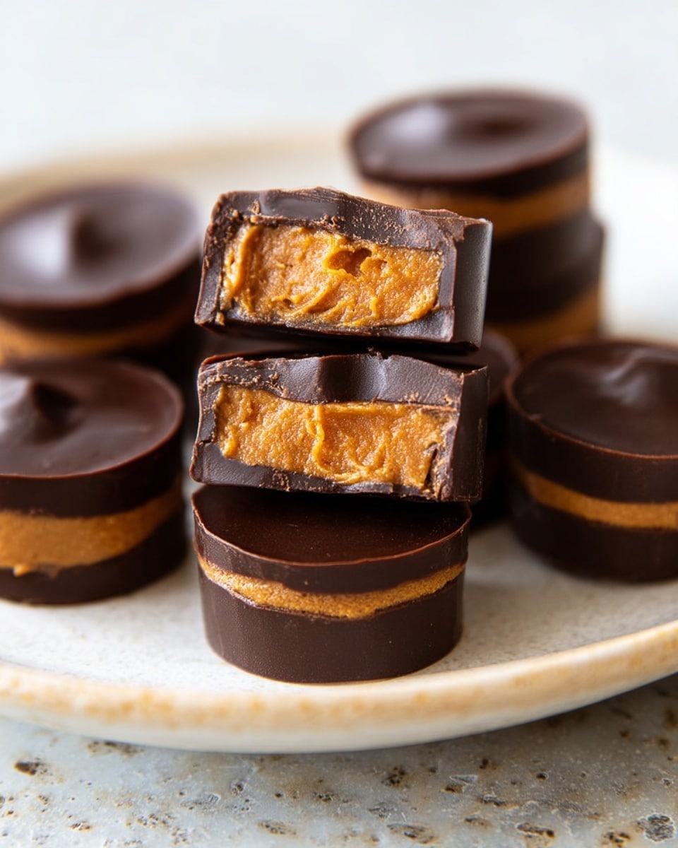 The image shows small pumpkin-shaped chocolates, each with two layers: a thick dark brown chocolate layer on the top and bottom, with a bright orange creamy layer in the middle. One piece is cut in half, showing the orange filling's smooth but slightly crumbly texture inside. The chocolates are placed casually on crinkled parchment paper, which rests on a white marbled surface, adding a soft and natural look to the scene. The dark chocolate has a shiny finish with a lined pattern that enhances the pumpkin shape. photo taken with an iphone --ar 4:5 --v 7