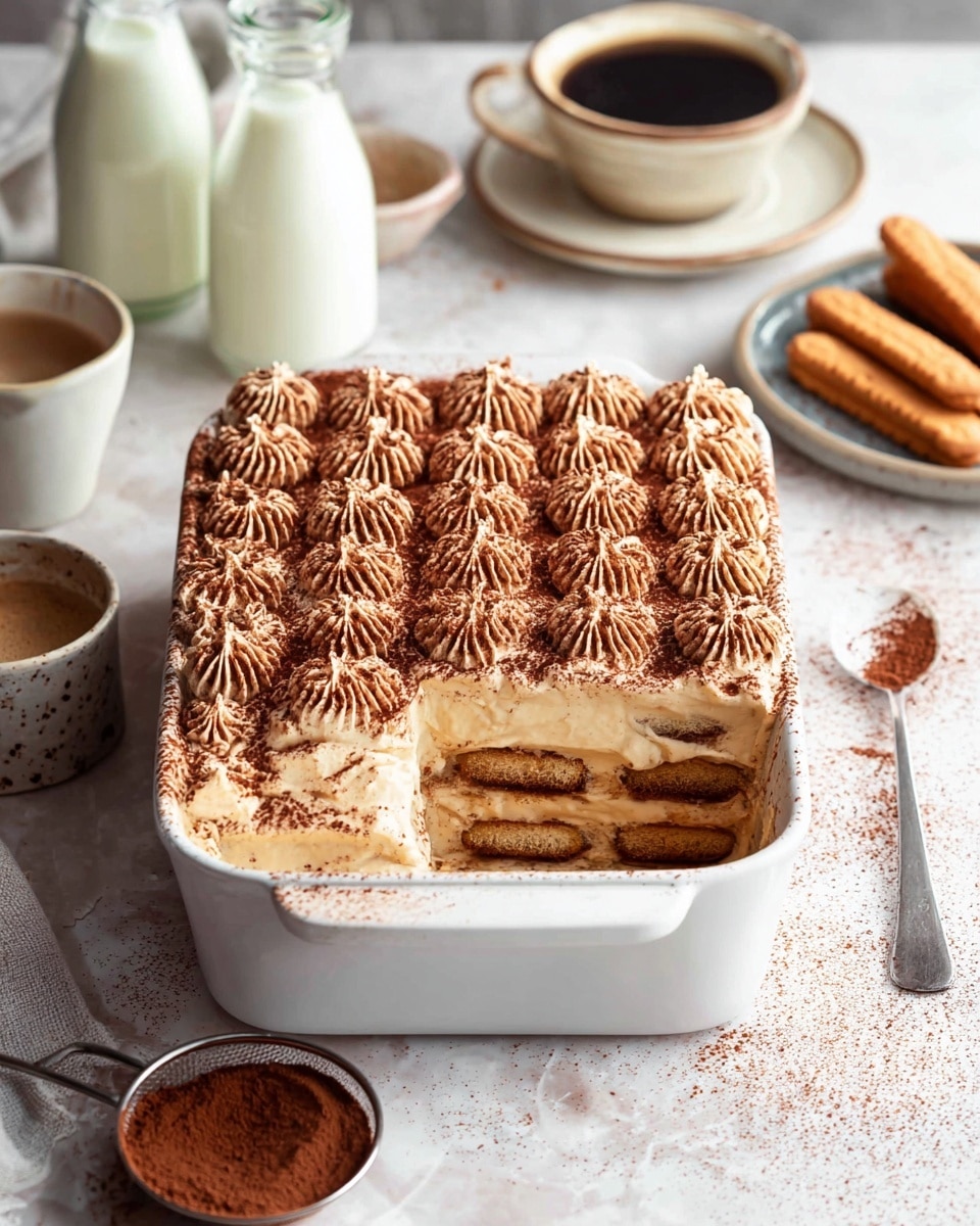 A piece of layered tiramisu sits on a white plate on a white marbled surface. The dessert has three main layers: a bottom layer of soaked ladyfinger cookies in light brown, a middle layer of creamy, light beige mascarpone cheese mixed with small chocolate flecks, and a top layer of piped creamy swirls dusted with cocoa powder giving a rich dark brown contrast. The edges of the cream layer show a smooth and slightly firm texture, while the ladyfingers appear soft and moist. In the background, blurred, you can see a white bowl filled with more of the creamy tiramisu, and in the foreground, a single, lightly dusted ladyfinger cookie rests out of focus. Photo taken with an iphone --ar 4:5 --v 7