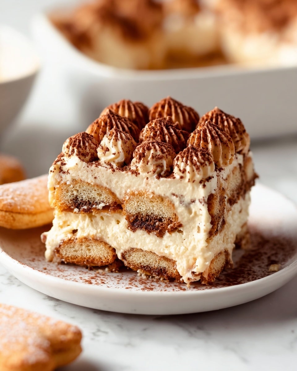 A white rectangular baking dish holds a layered tiramisu with a section cut out, showing two soft, soaked biscuit layers separated by a creamy beige filling. The top is decorated with evenly spaced, star-shaped swirls of a light brown cream, dusted with a light layer of cocoa powder. The dish sits on a white marbled textured surface, with a rustic cup of black coffee and two glass bottles of milk in the background, along with ladyfinger biscuits and a small sieve filled with cocoa powder nearby. Photo taken with an iphone --ar 4:5 --v 7