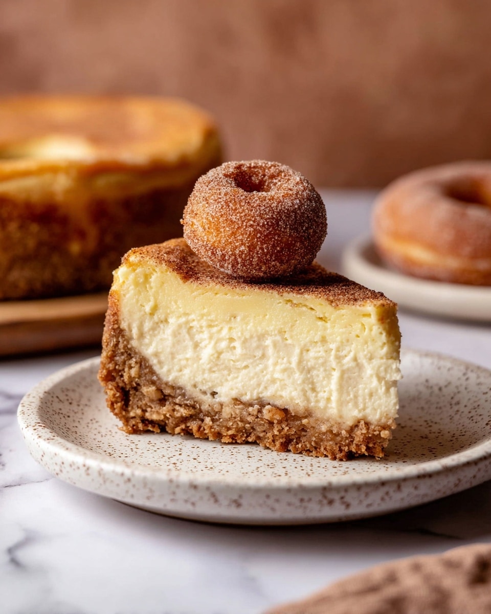 A slice of cheesecake sits on a white speckled plate, showing three clear layers: a crumbly brown crust at the bottom, a thick creamy pale yellow middle layer with a slightly textured top, and a thin, darker top layer. On top of the cheesecake slice rests a small round donut coated in cinnamon sugar, with a rough grainy texture and warm brown color. Another similar donut is partially visible in the foreground on a white speckled plate, and the background shows a soft focus with a warm brown tone. The setting is on a white marbled surface. Photo taken with an iphone --ar 4:5 --v 7