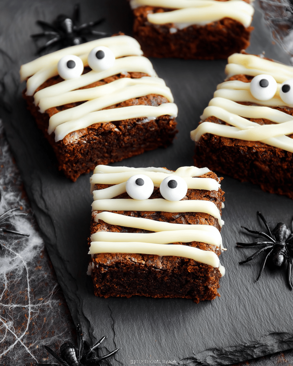 Three square brownies sit on a dark slate board over a white marbled textured surface. Each brownie has a layer of thick, creamy white icing drizzled in uneven horizontal lines resembling mummy wrappings. Two large round white candy eyes with black centers are placed near the top of each brownie, giving them a playful look. Around the slate board, there are small black plastic spiders adding a spooky theme. The brownies have a rich, dark brown color with a slightly rough texture visible beneath the smooth icing. photo taken with an iphone --ar 4:5 --v 7