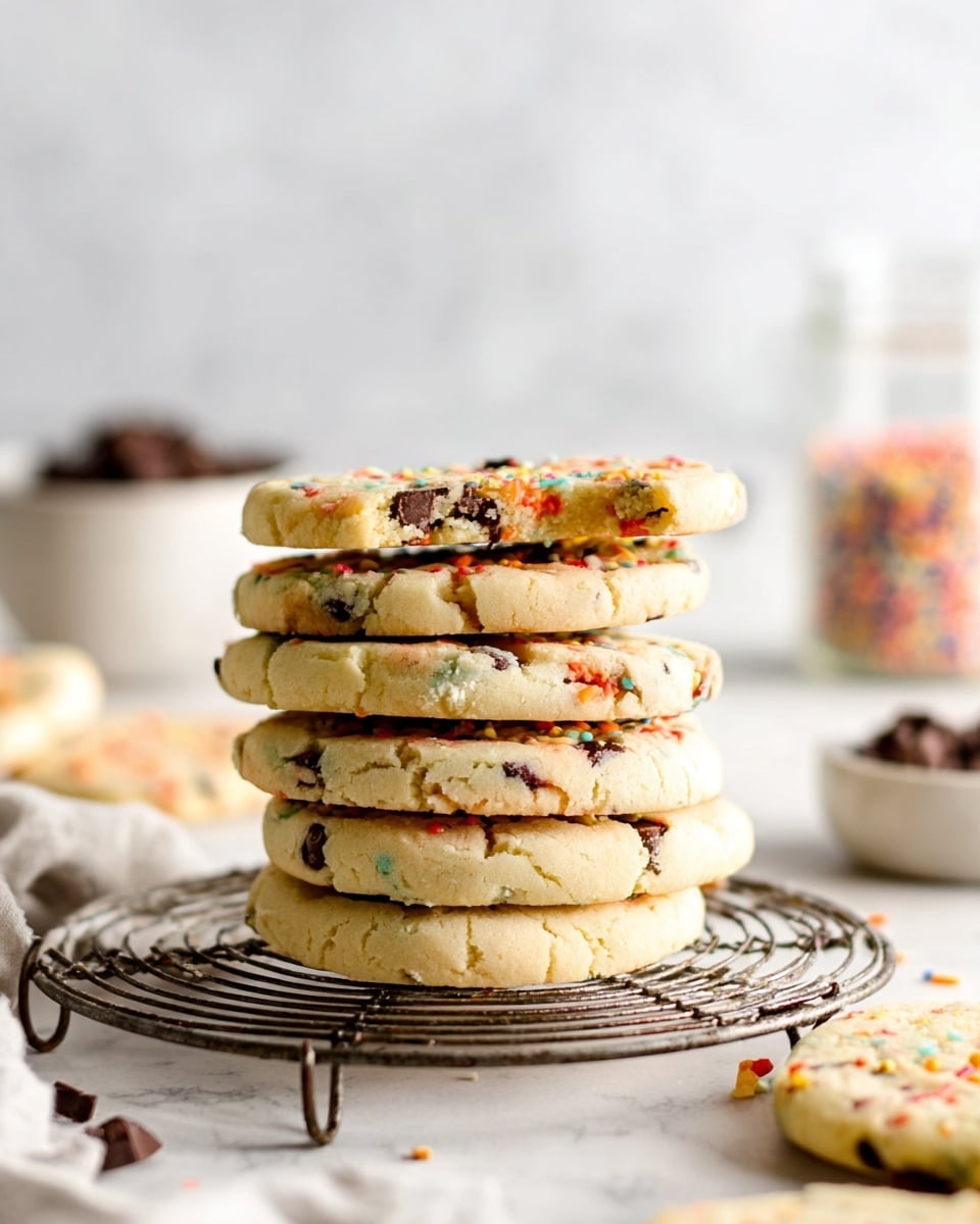 A stack of six round, thick cookies with visible chocolate chips and small colored bits is placed on a round wire cooling rack on a white marbled surface. The cookies are pale golden with a slightly soft texture, showing small cracks and chocolate pieces evenly spread throughout. In the background, there is a white bowl filled with dark chocolate chunks, and a glass jar with colorful sprinkles can be seen softly blurred. The scene is clean and bright with soft natural light. Photo taken with an iphone --ar 4:5 --v 7