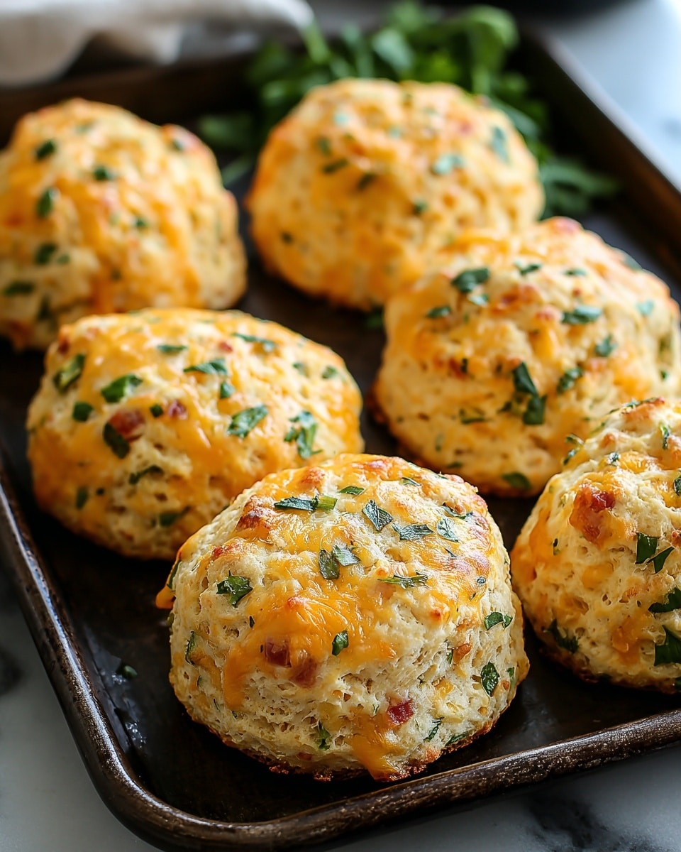 A close-up view of six golden, round biscuits on a dark baking tray, each biscuit showing a textured surface with small green herb pieces and bits of ham or bacon mixed throughout. The biscuits have a light yellowish dough with melted cheese melted on top, creating a slightly crispy and shiny layer. The background is softly blurred with hints of green herbs. The dark tray contrasts with the textured, fluffy biscuits. The scene is set on a white marbled surface. photo taken with an iphone --ar 4:5 --v 7