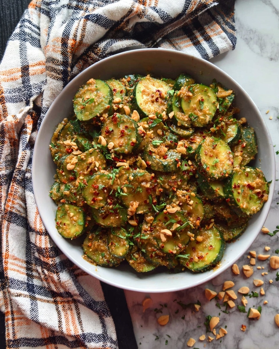 A white bowl filled with sliced cucumber pieces coated with a chunky, golden-brown peanut sauce mixed with red chili flakes and finely chopped green herbs scattered throughout. The cucumber slices are layered thickly, with the peanut sauce clinging to each slice, creating a textured and colorful mix of green, red, and brown. The bowl sits on a white marbled surface, next to a crumpled checkered cloth in shades of white, black, and orange, with crushed peanuts and scattered herbs sprinkled lightly around the bowl. Photo taken with an iphone --ar 4:5 --v 7