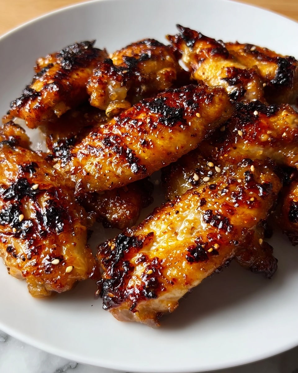 The image shows a white plate filled with several pieces of grilled chicken wings. The chicken wings have a golden-brown color with charred black spots from grilling, giving them a crispy texture. The skin looks shiny and coated, suggesting a glaze or sauce with visible small seeds, possibly sesame seeds, scattered across the surface. The wings are placed close to each other, filling the plate in a casual arrangement. The background is a white marbled surface and the lighting highlights the glossy and crispy texture of the chicken. Photo taken with an iphone --ar 4:5 --v 7