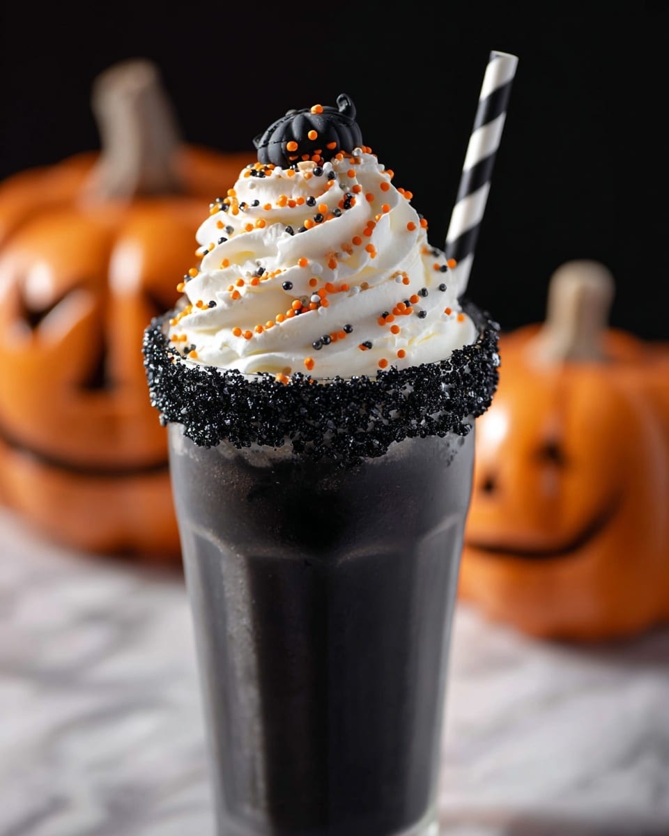 The image shows three tall black milkshakes in white glasses, each with thick black drips running down the sides and a rim coated in rough black crumbs or sugar. Each milkshake is topped with a large swirl of white whipped cream sprinkled with tiny orange and black round sprinkles. A black and white striped paper straw sticks out from the whipped cream of each glass. In the background, there is a blurred orange pumpkin, all set on a white marbled surface. photo taken with an iphone --ar 4:5 --v 7