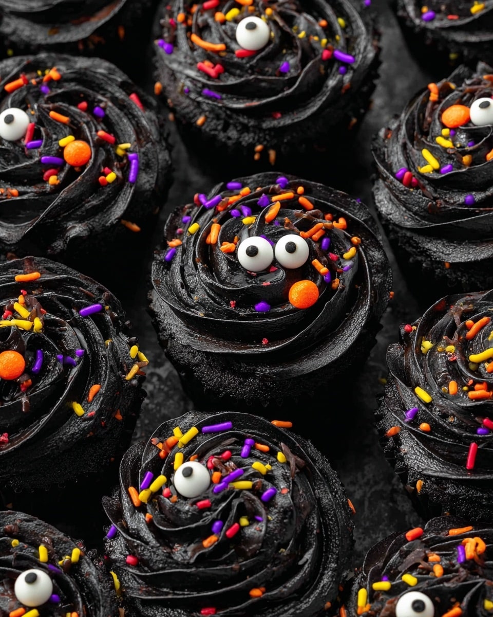 This image shows a close-up of several dark black cupcakes with three main layers visible: a soft black cake base, a thick glossy black frosting spread in swirling patterns forming rose shapes, and colorful sprinkles scattered on top including small round orange and tiny black dots, longer purple, yellow, red, and green sticks. Each cupcake has two small white candy eyes with black pupils placed on the frosting, giving a cute spooky look. The cupcakes are tightly packed together, forming a textured pattern of swirling black frosting and bright sprinkles. Photo taken with an iphone --ar 4:5 --v 7