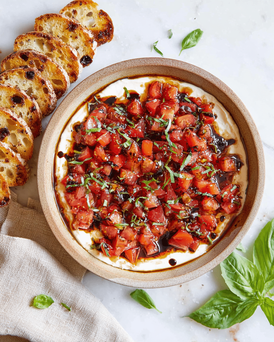 A round, shallow bowl holds a dish with two visible layers: the bottom layer is creamy white, smooth in texture, and spread evenly across the base, while the top layer is made of bright red diced tomatoes coated in a glossy, dark balsamic glaze, with small green herb pieces scattered throughout. On the left side of the image, several thin, toasted bread slices with visible seeds and dark raisin spots are arranged in a casual stack. The bowl rests on a white marbled surface alongside a beige linen cloth on the lower left. Fresh green basil leaves and small droplets of balsamic glaze are scattered on the surface near the bowl, adding a touch of color contrast. photo taken with an iphone --ar 4:5 --v 7