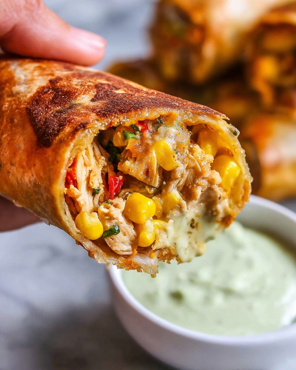 A close-up of a hand holding a crispy, golden brown wrap partially bitten to show its layered filling. Inside the wrap, there are visible layers of yellow corn kernels, soft cooked chicken pieces with a light brown seasoning, bits of red bell peppers, and small green herbs, all mixed in a moist, slightly oily texture. The wrap looks crunchy on the outside with a lightly rough surface. Below, a white bowl holds a creamy, light green dip with a smooth, thick texture, set on a white marbled surface. photo taken with an iphone --ar 4:5 --v 7