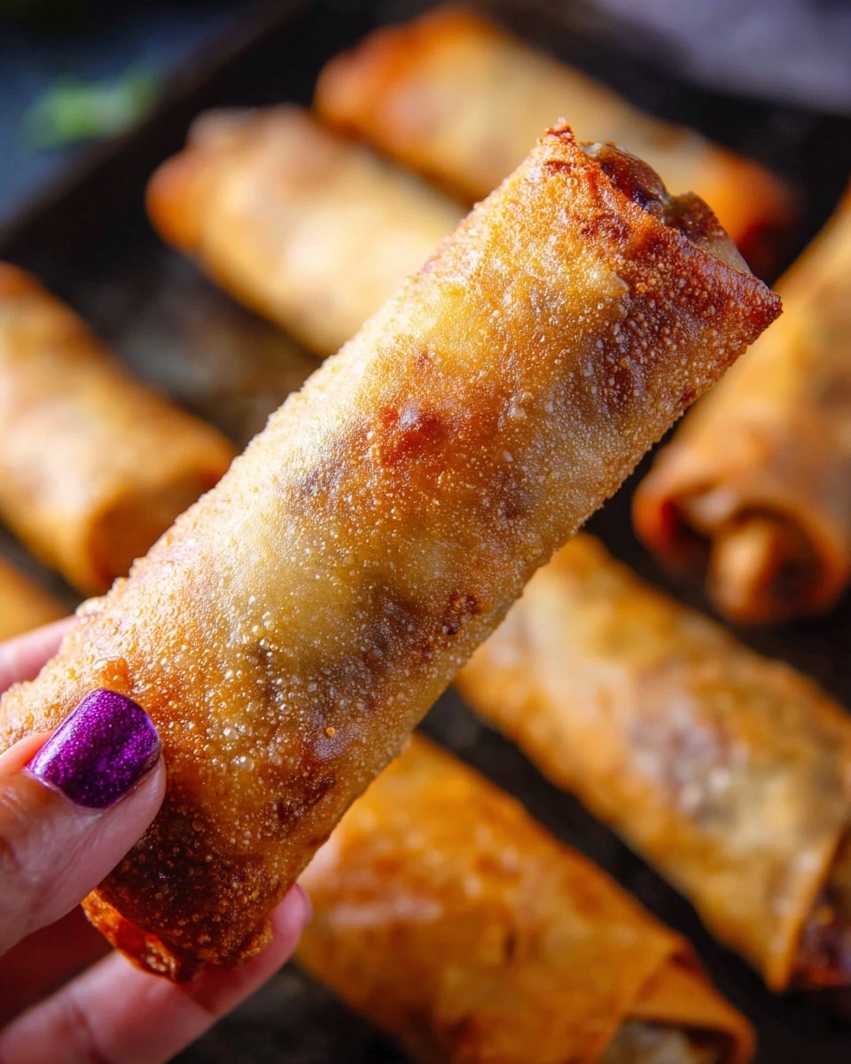 A close-up shot of a golden-brown crispy spring roll held by a woman's hand with purple nail polish, showing its bubbly and crunchy texture with slight darker brown spots, while more spring rolls lay blurred on a dark baking tray below, creating a warm and inviting look; photo taken with an iphone --ar 4:5 --v 7