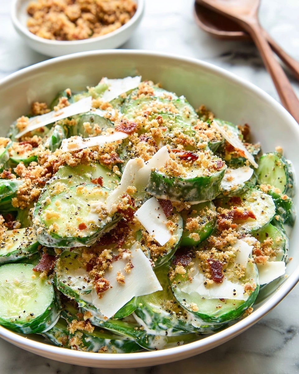 A white bowl filled with a cucumber salad showing three main layers: the bottom layer is thick cucumber slices with green skin and pale green interior, the middle layer is creamy white dressing coating the cucumbers, and the top layer includes thin, uneven white cheese slices sprinkled with a crumbly golden-brown topping mixed with tiny dark pepper flakes and small bits of reddish bacon. The bowl rests on a white marbled surface with a blurred small white bowl of crumbly topping in the background. Photo taken with an iphone --ar 4:5 --v 7
