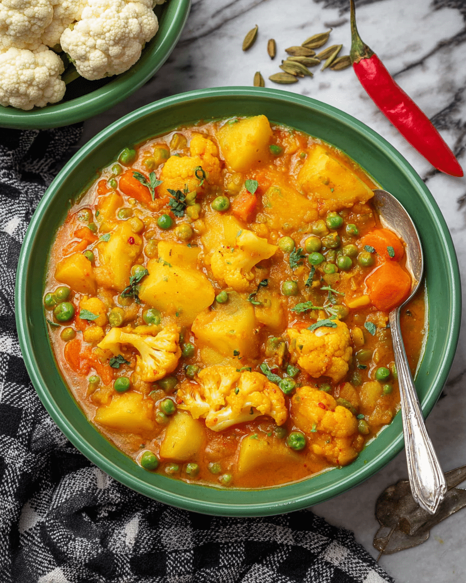 The image shows a bowl of thick vegetable curry in a green bowl, placed on a white marbled surface. The curry has several large chunks of yellow potatoes and bright orange cauliflower pieces mixed with green peas in an orange-colored sauce, garnished with small green herb leaves on top. A silver spoon is partially dipped into the curry from the right side. In the background, there is a small green bowl filled with whole cauliflower heads, and a red chili pepper is partially visible. A black and white checkered cloth is draped near the bowl, with some cardamom pods scattered on the surface nearby. photo taken with an iphone --ar 4:5 --v 7