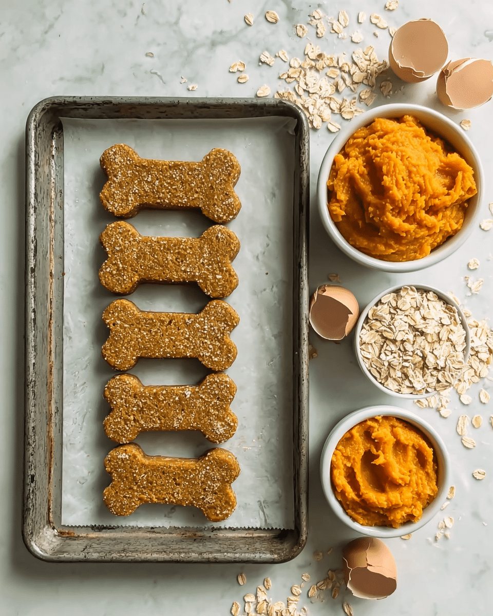 The image shows a metal baking tray lined with white parchment paper, holding eight bone-shaped brown dog treats arranged in two neat columns of four. The treats have a rough texture with small oats sprinkled on top, giving a natural, grainy look. To the right side of the tray, there are two small white bowls; one filled with bright orange, smooth mashed sweet potato, and the other with raw rolled oats. Some loose oats are scattered on the parchment paper and tray around the dog treats. On the white marbled surface, cracked eggshell halves are placed beside the tray. photo taken with an iphone --ar 4:5 --v 7