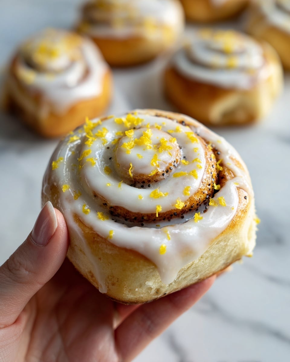 A close-up of a single cinnamon roll held by a woman's hand, showing three visible layers of soft, golden-brown dough spiraled tightly with small black poppy seeds in the middle layer, topped with a smooth white icing that glistens under the light and is sprinkled generously with bright yellow lemon zest, all set against a blurred background of more rolls on a white marbled surface. photo taken with an iphone --ar 4:5 --v 7