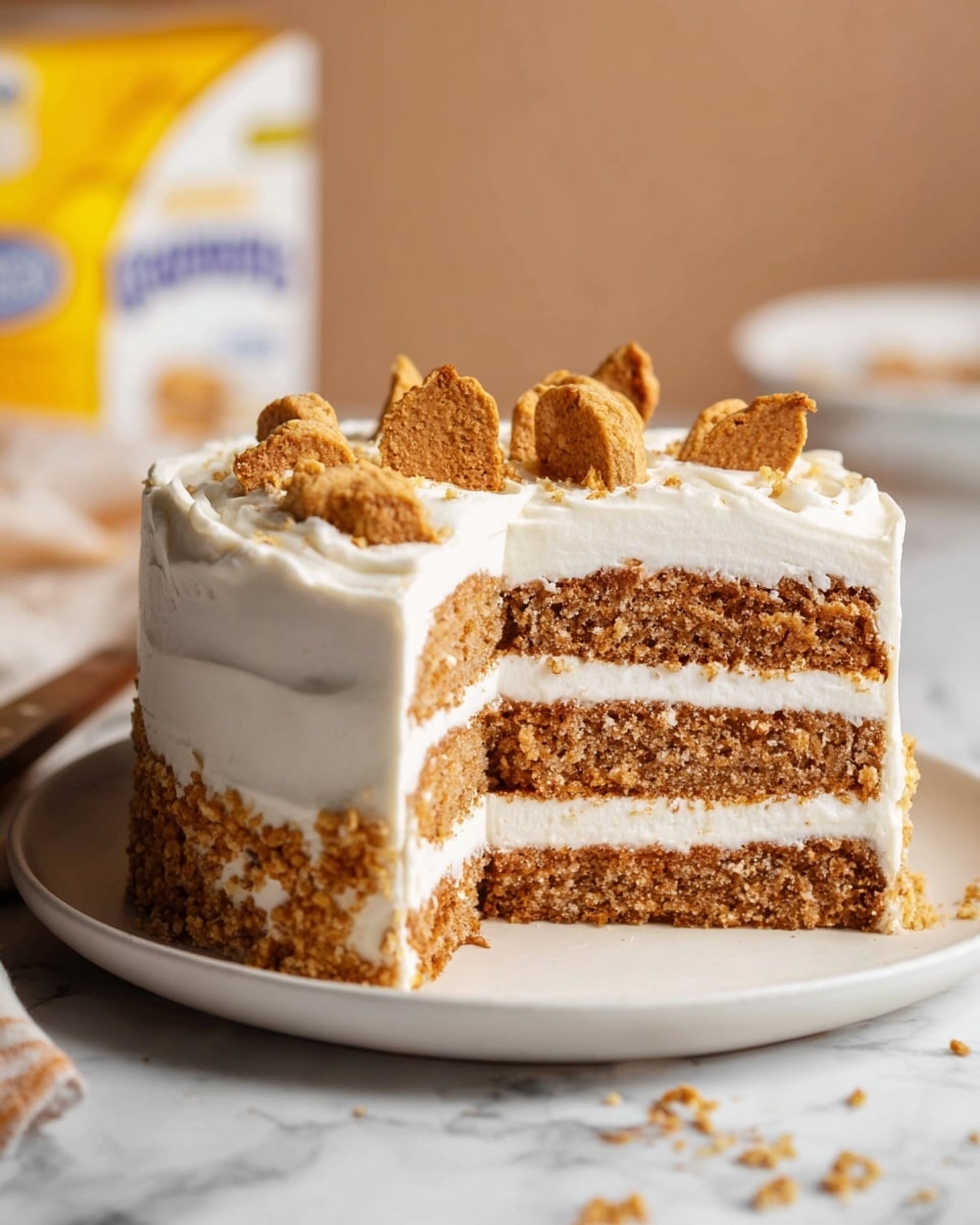 The image shows a three-layer cake on a round white plate with a layer of crumbly light brown cake. Between each cake layer is a thick spread of smooth white cream frosting. The outside of the cake is coated evenly with the same white frosting. On top, there are small broken cookies placed as decoration, adding texture and a golden brown color. The scene is set on a white marbled surface with a blurred background that includes a white and yellow package. Photo taken with an iphone --ar 4:5 --v 7