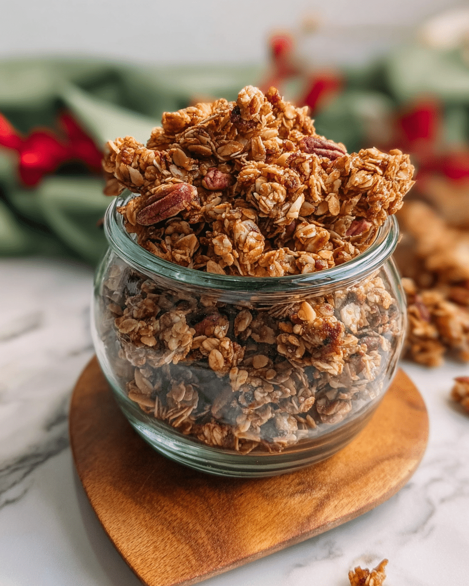 The image shows a clear glass jar filled almost to the top with chunky granola made of oats and nuts, with large clusters spilling over the rim. The granola has a mix of light golden and brown shades, with a rough, crunchy texture visible in each oat and nut piece. The jar sits on a round wooden coaster, placed on a white marbled surface. In the background, there is a soft focus of some green and red colors that add a warm, cozy feel. The photo taken with an iphone --ar 4:5 --v 7