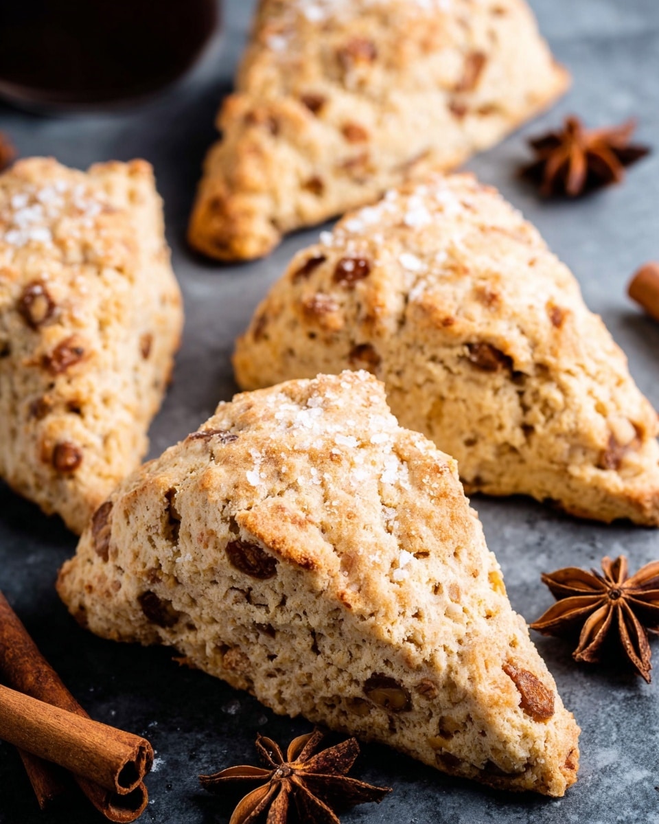 The image shows several triangular scones with a rough, crumbly texture and a light golden-brown color sprinkled with coarse sugar on top. The scones have visible chunks of nuts or dried fruit inside, giving them a slightly uneven surface. They are arranged on a dark surface with some star anise and cinnamon sticks scattered nearby, adding warm brown tones to the composition. The background is a white marbled texture, with the scones positioned closely together to fill the frame. photo taken with an iphone --ar 4:5 --v 7