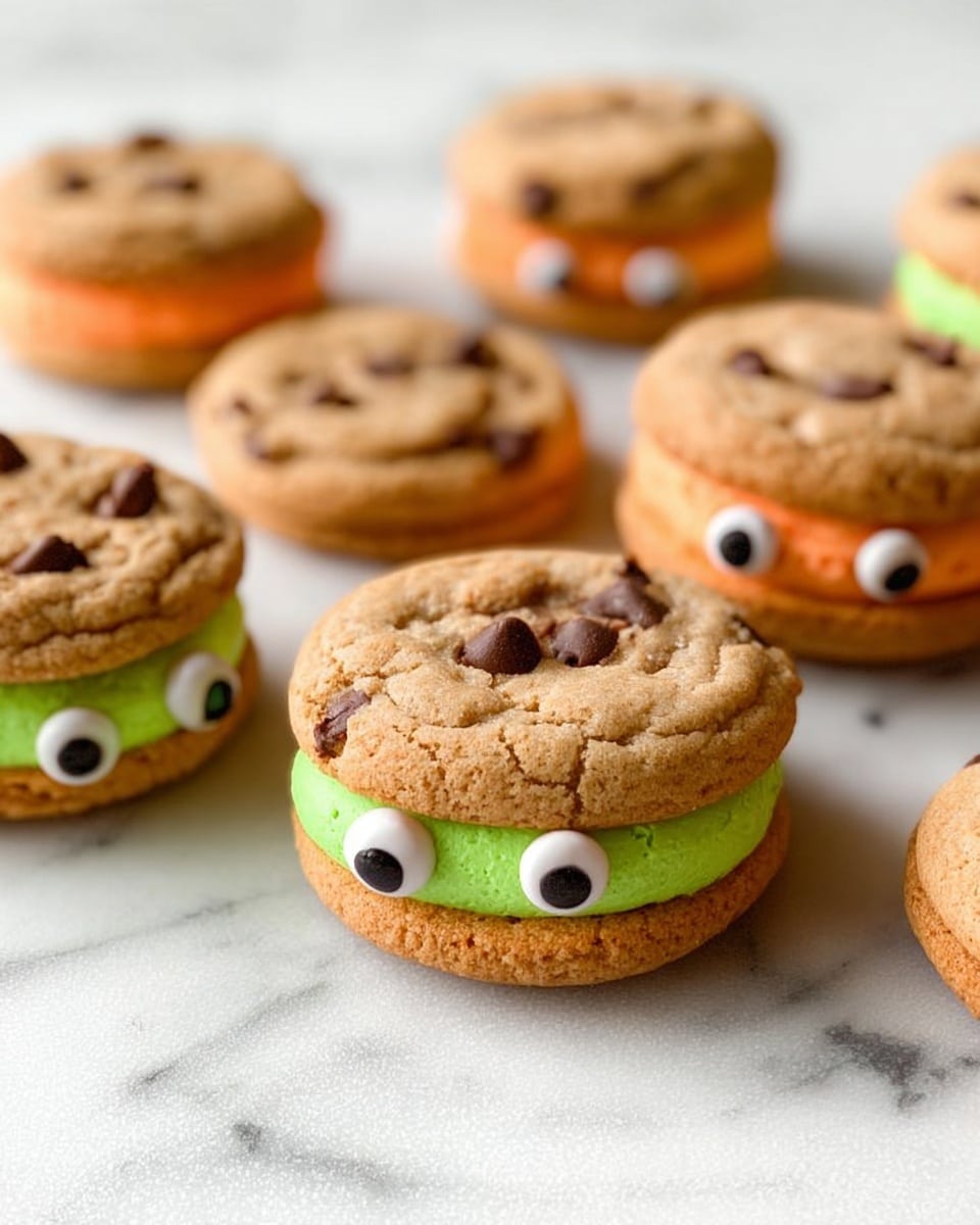 The image shows small sandwich cookies made from two light brown chocolate chip cookies each, with visible chocolate chips on top. Inside, there are colorful cream layers, some orange and some bright green, sandwiched between the cookies. Each sandwich cookie has a pair of round candy eyes placed between the layers, giving them a playful look. The cookies are placed on a white marbled surface, scattered casually in the foreground and background. Photo taken with an iphone --ar 4:5 --v 7