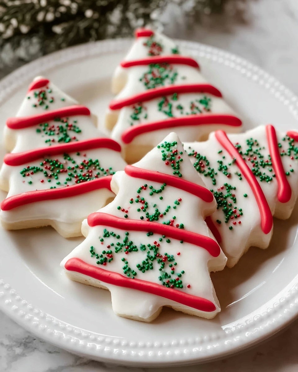 The image shows five Christmas tree-shaped treats on a white plate with small dots around the edge, placed on a white marbled surface. Each treat has one main layer covered in smooth white icing. Over the white icing, there is a wavy red line running horizontally across the tree in three parts. Small green sugar sprinkles are spread across the white icing, giving a festive look. The treats have a soft and glossy texture with clear festive colors. Photo taken with an iphone --ar 4:5 --v 7