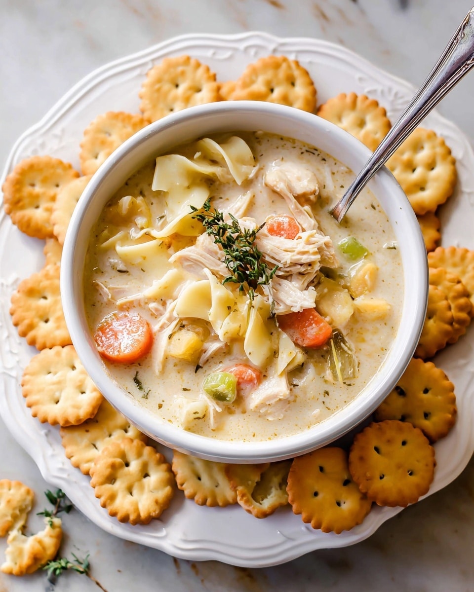 A white bowl filled with creamy chicken noodle soup sits on a white plate covered with round, golden oyster crackers. The soup has several visible layers starting with a pale creamy broth. Within the broth are shredded white chicken pieces spread around, soft orange carrot slices, pale green celery chunks, and flat, wide egg noodles with a slightly wavy texture. On top of the soup, there is a small green sprig of thyme, and a silver spoon is placed inside the bowl, leaning against the edge. Around the bowl and on the plate are many round oyster crackers, some resting on the soup’s surface, their golden color contrasting with the creamy soup. The setting is on a white marbled texture surface. photo taken with an iphone --ar 4:5 --v 7
